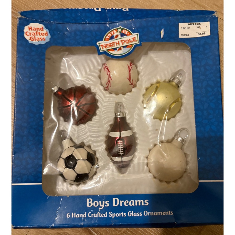 Boys Dreams North Pole 6‎ Hand Crafted Sports Glass Ornaments Baseball Football
